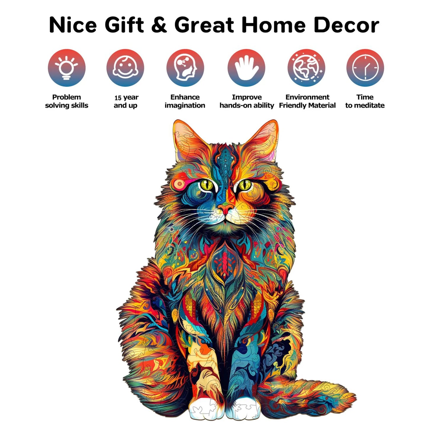 Cat Pattern Wooden Puzzle Three Dimensional Animal Shape Educational Toy