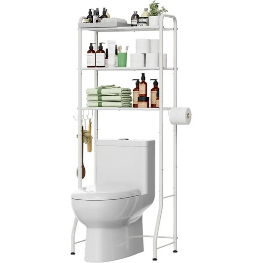 Over The Toilet Storage Rack, Metal 3 Tier Bathroom Organizer Shelf with Paper Holder and 3 Hooks, White