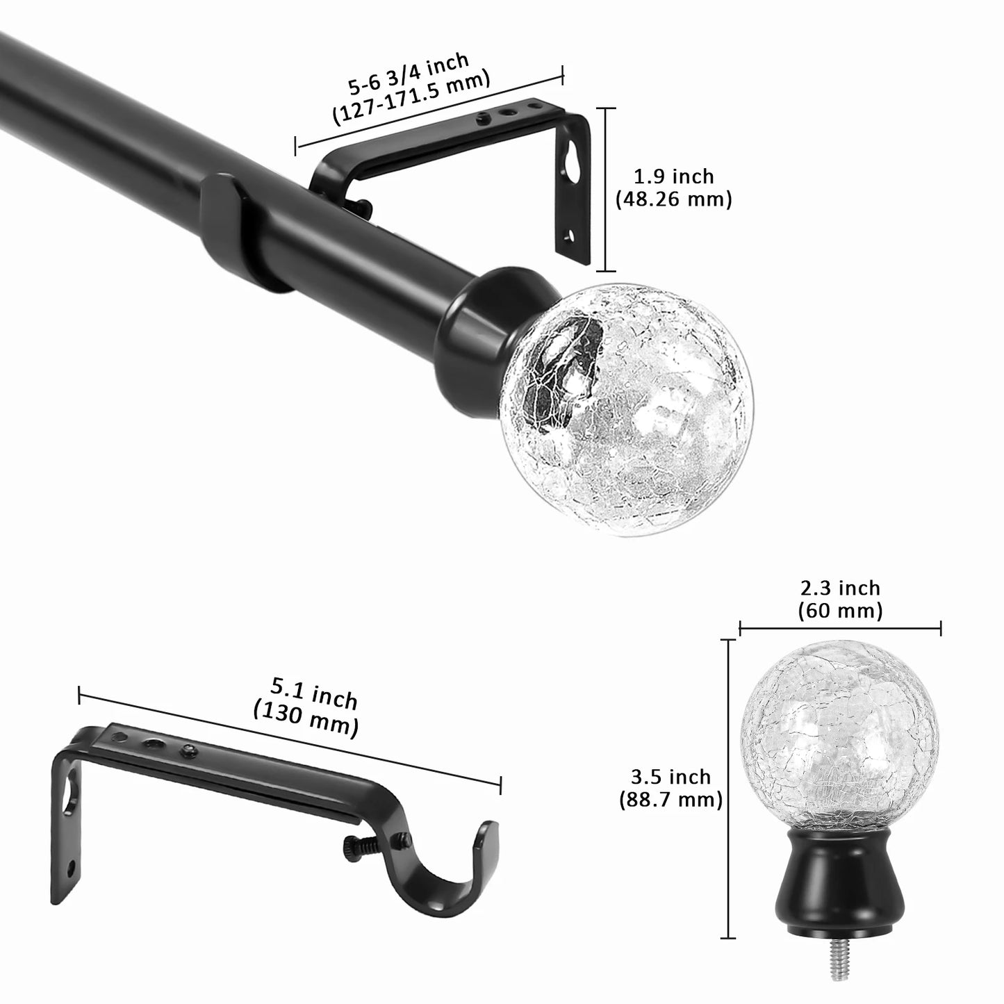 Heavy Duty Curtain Rod Set With Glass Finials