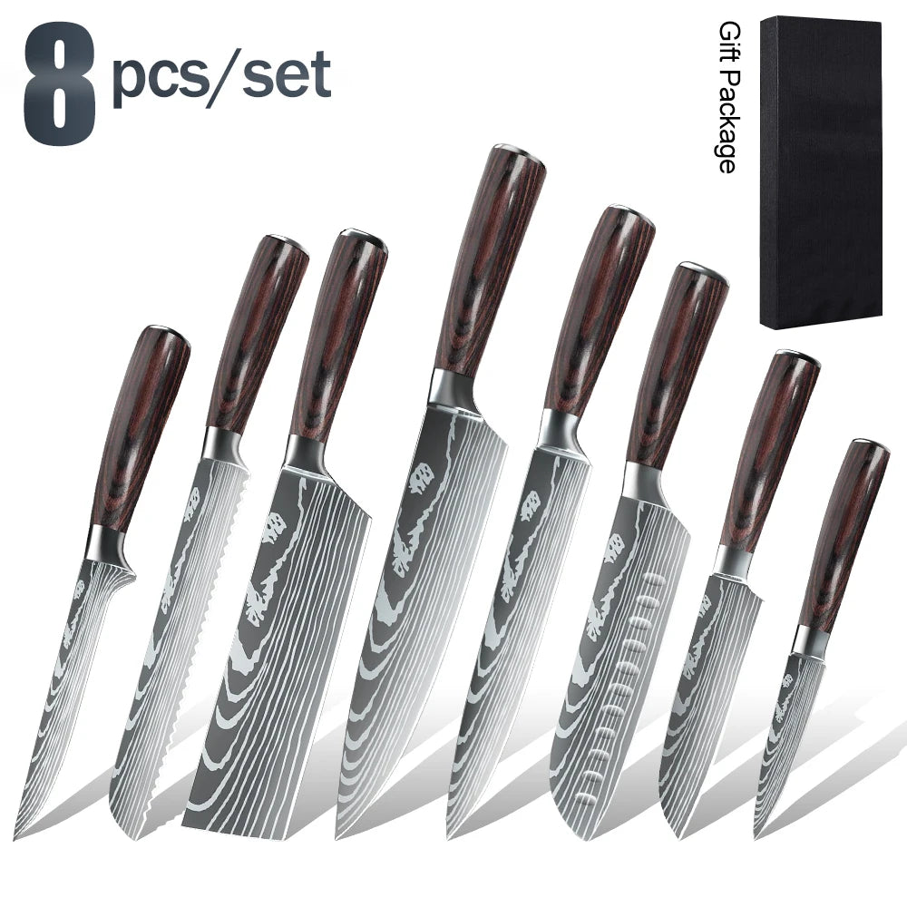Damascus Pattern Chef Knives Set Stainless Steel Handles