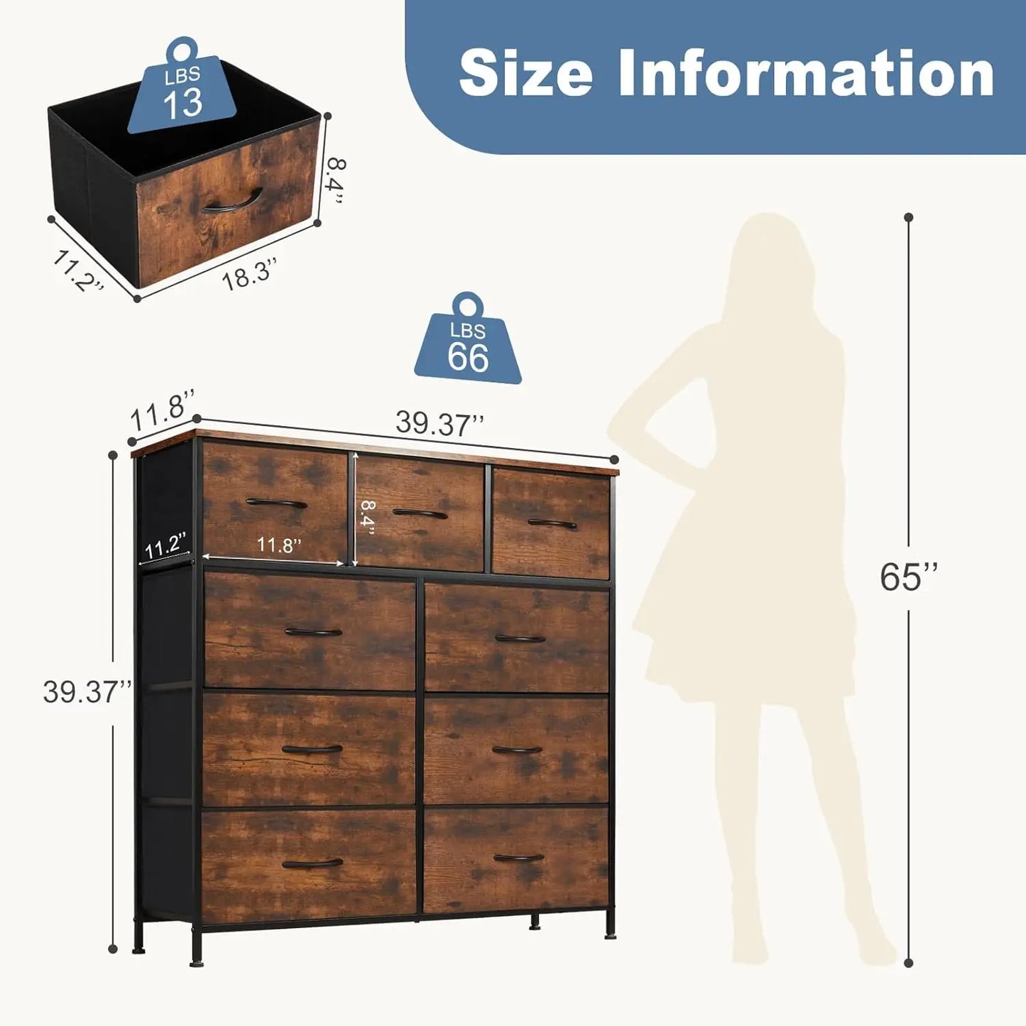 Customizable Dresser With 9 Drawers And Fabric Bins