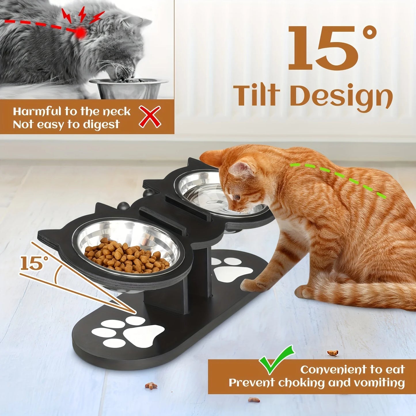 Hign Concerned Raised Cat Bowls Tilted 15 Degree Wood Stand