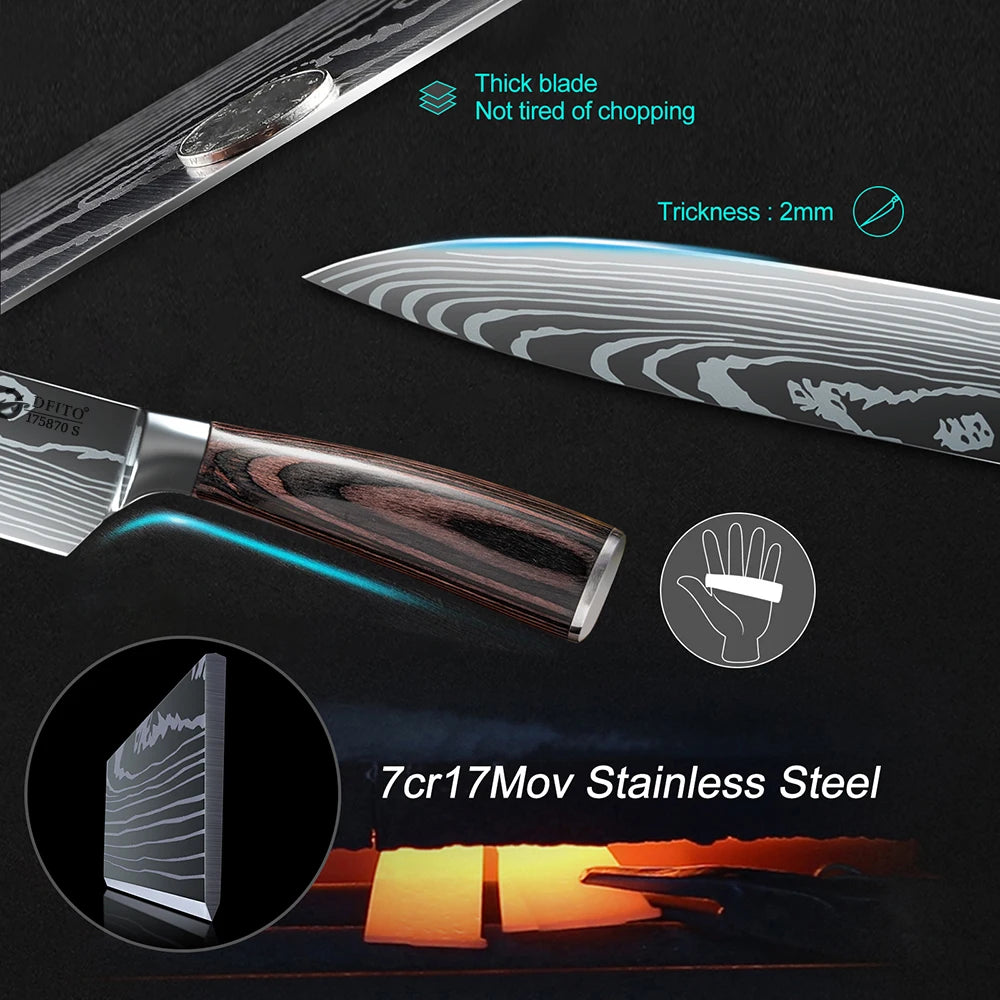 Kitchen Knife Set 7Cr17Mov Stainless Steel Chef Santoku Cleaver