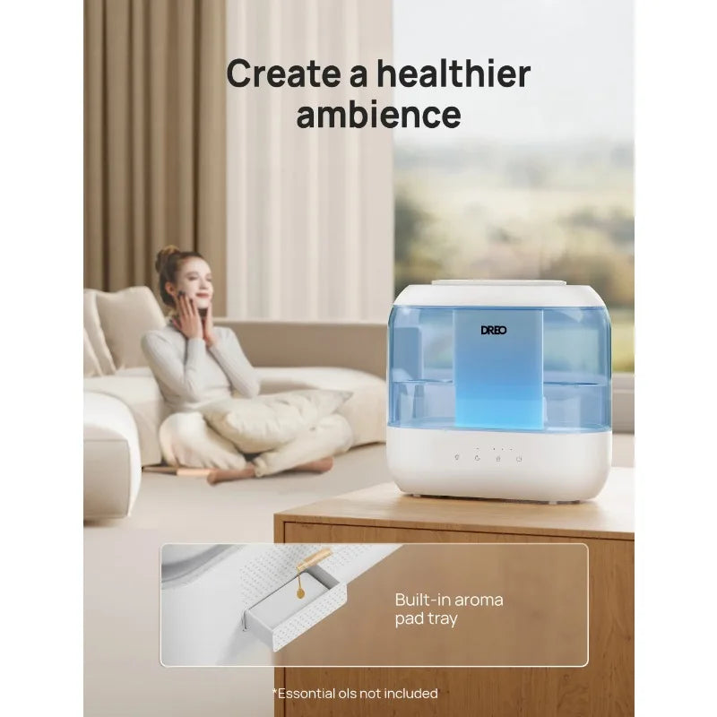 Dreo Humidifier for Bedroom, 4L Cool Mist Top-Fill Ultrasonic Humidifiers, Essential Oil Diffuser and Nightlight, 32H Runtime,