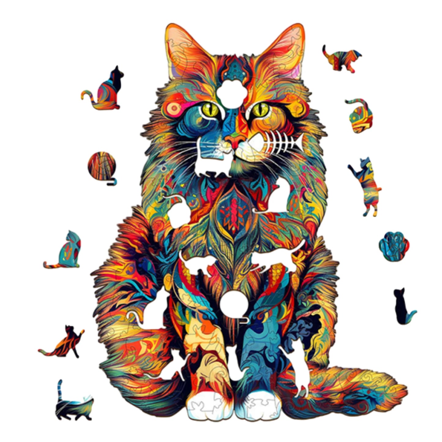 Cat Pattern Wooden Puzzle Three Dimensional Animal Shape Educational Toy