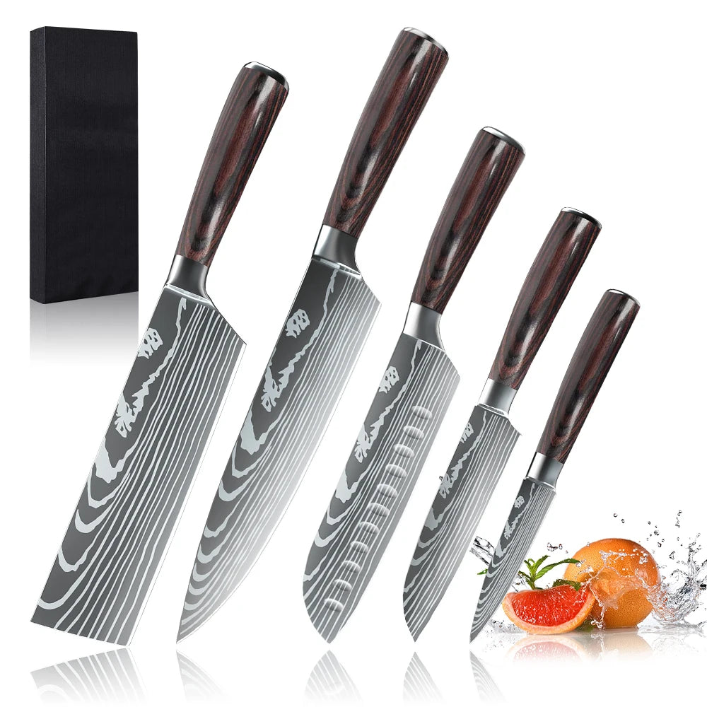 Damascus Pattern Chef Knives Set Stainless Steel Handles