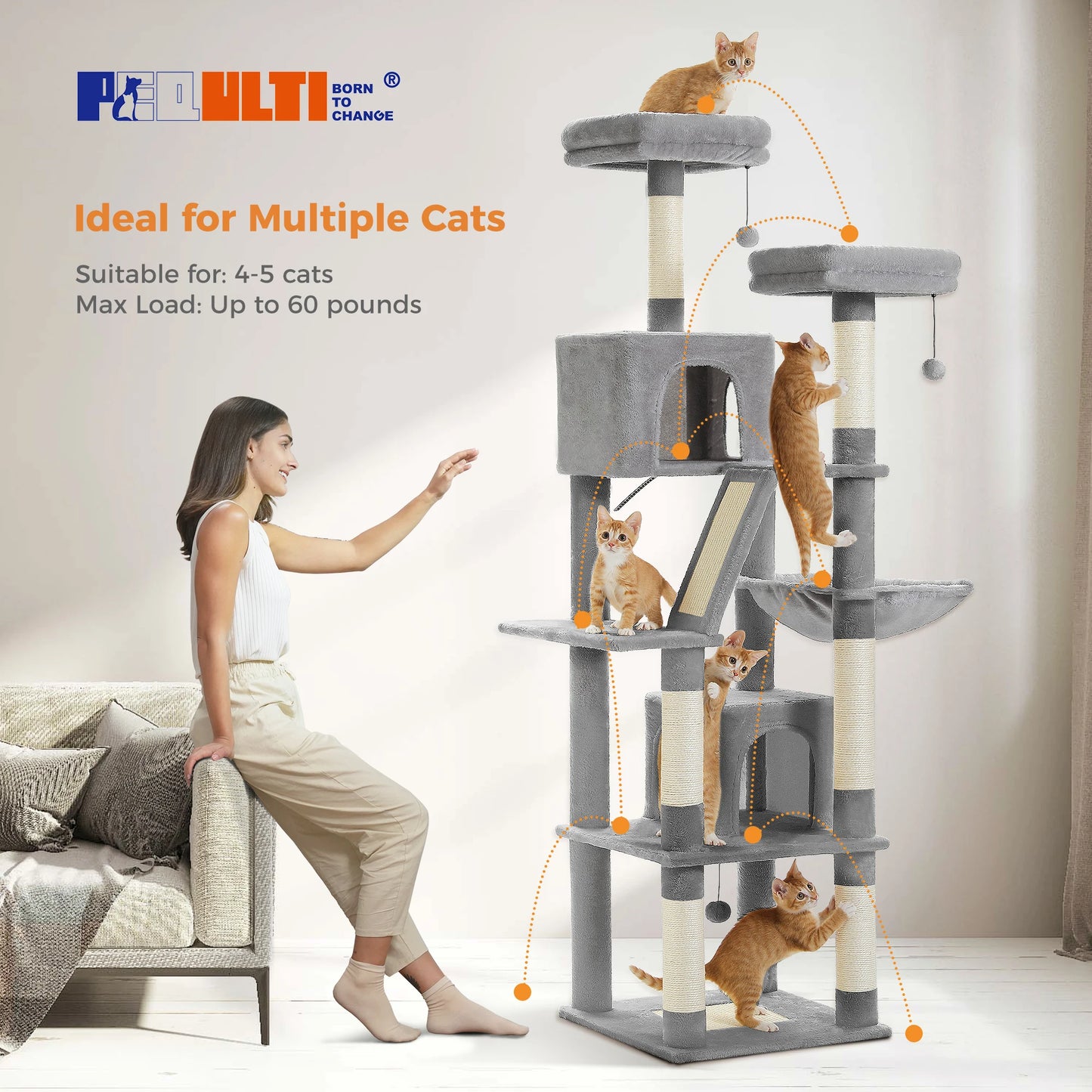 PAWZ Road Five Level Cat Tree Tower With Plush Condo Scratching Posts Boards