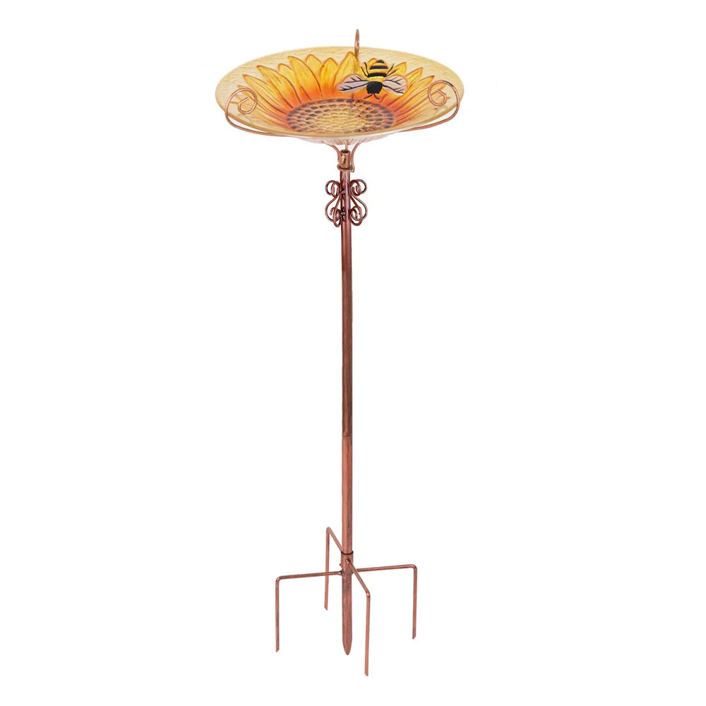 Feature Glass Bird Bath And Feeder On Metal Stake For Garden Decor