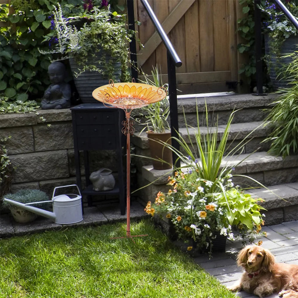 Feature Glass Bird Bath And Feeder On Metal Stake For Garden Decor