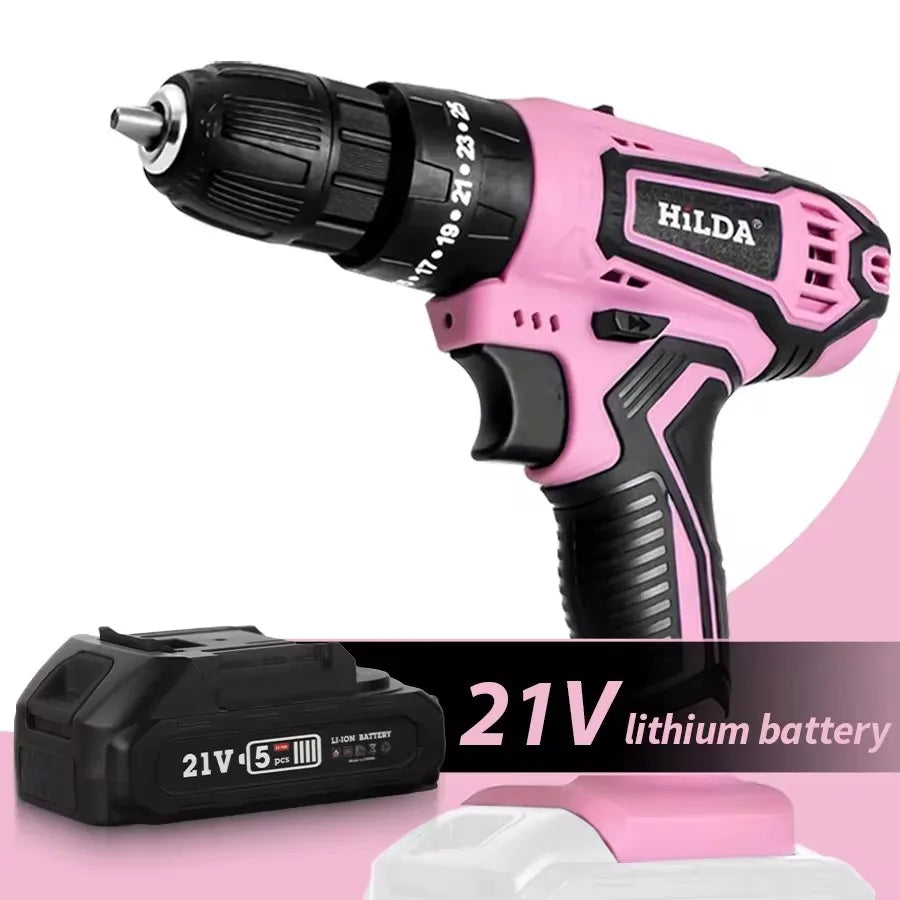 HILDA 21V Pink Drill DC Lithium ion Battery with Bag Cordless Drill Mini Wireless Power Driver Electric Tool