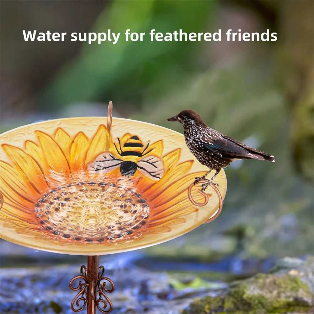 Feature Glass Bird Bath And Feeder On Metal Stake For Garden Decor