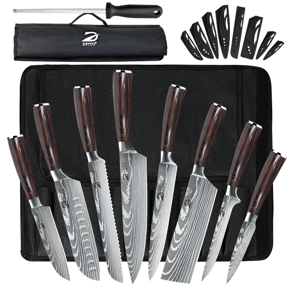 Damascus Pattern Chef Knives Set Stainless Steel Handles