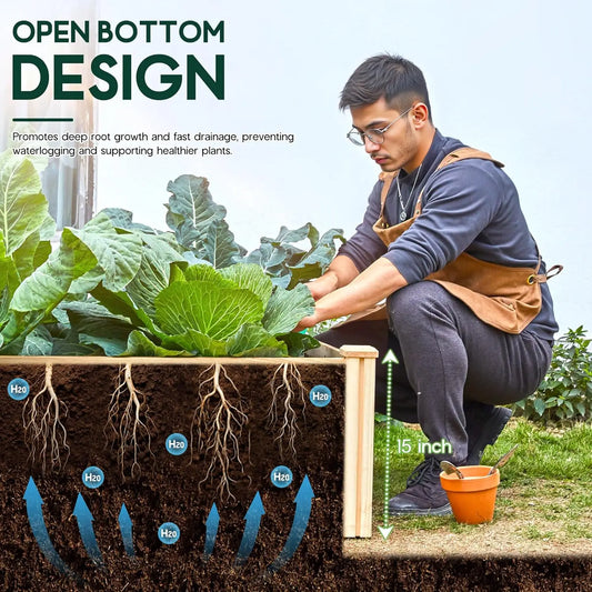 8x4 Ft Wood Raised Garden Bed, Durable 15 Inch Depth Planter Box for Vegetables, Herbs, and Flowers