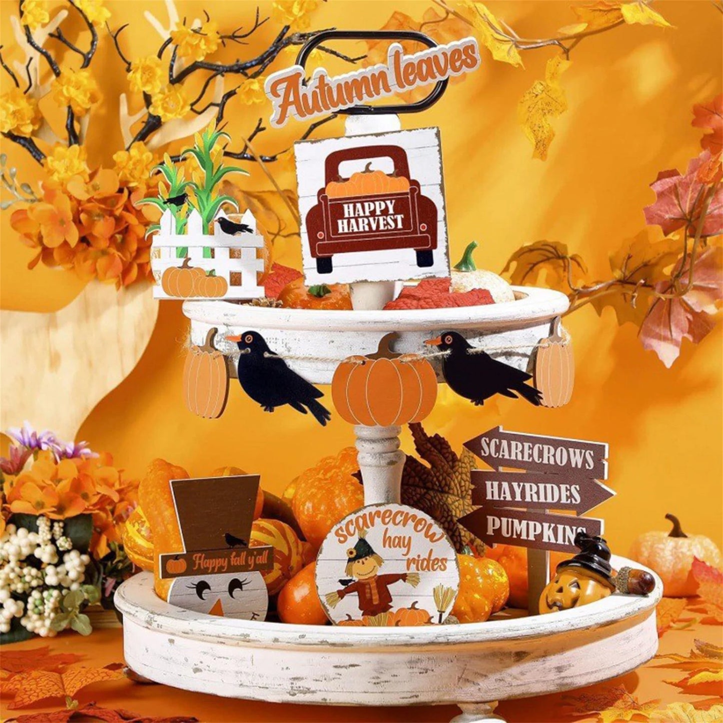 Hign-concerned Fall Harvest Tiered Tray Decor Pumpkin Crow
