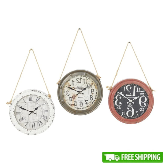 EZHomeEssentials 3 Pack Metal Wall Clocks With Rope Hangers