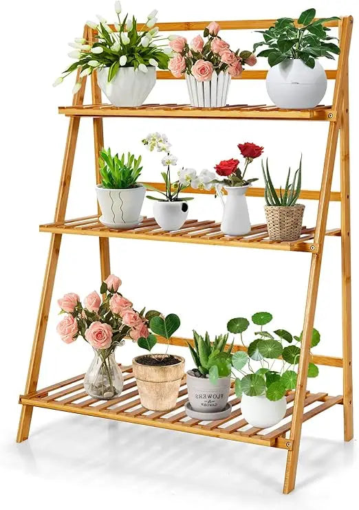 Bamboo Plant Stand Foldable 3 Tier Display Ladder Shelf