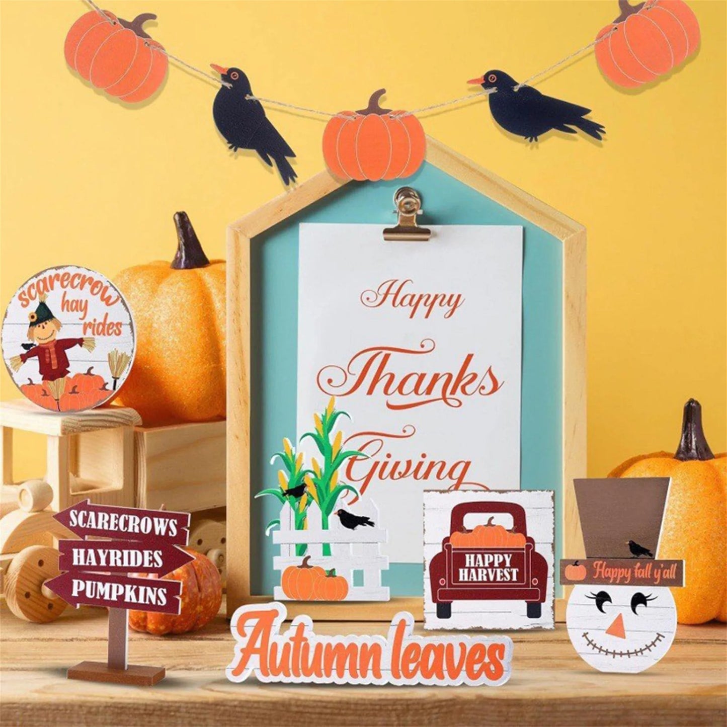 Hign-concerned Fall Harvest Tiered Tray Decor Pumpkin Crow