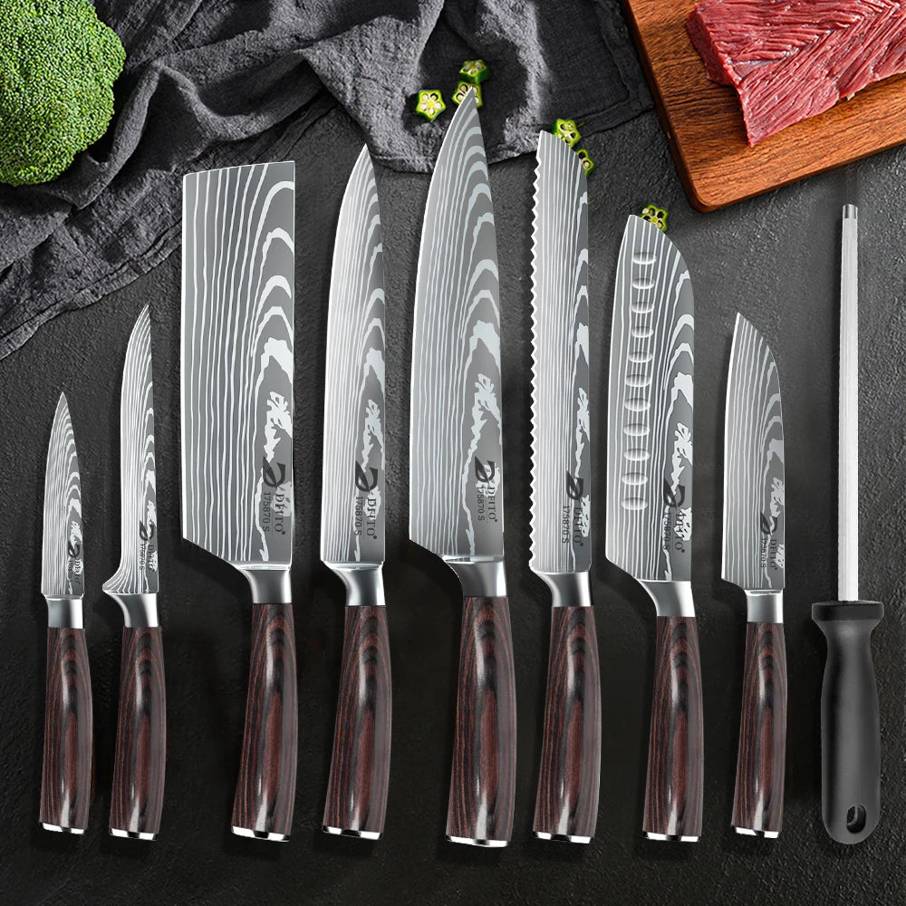 Kitchen Knife Set 7Cr17Mov Stainless Steel Chef Santoku Cleaver