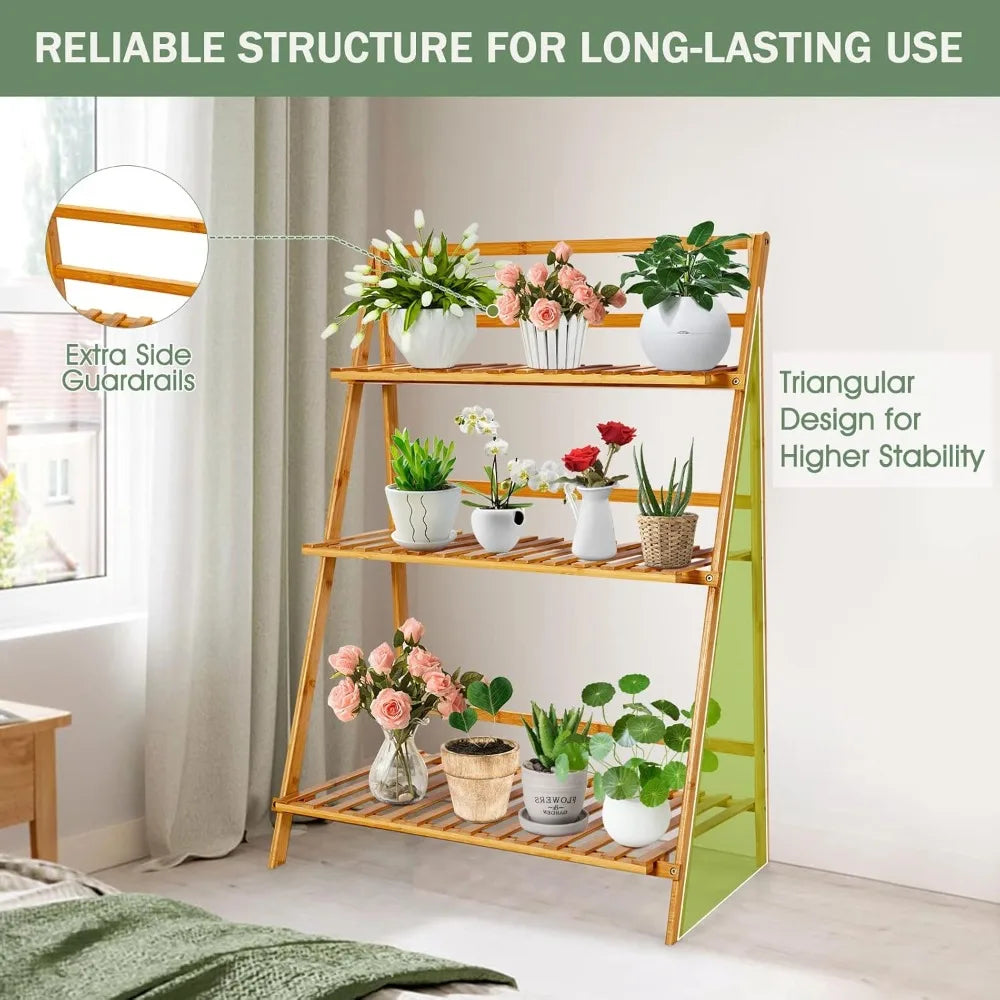 Bamboo Plant Stand Foldable 3 Tier Display Ladder Shelf