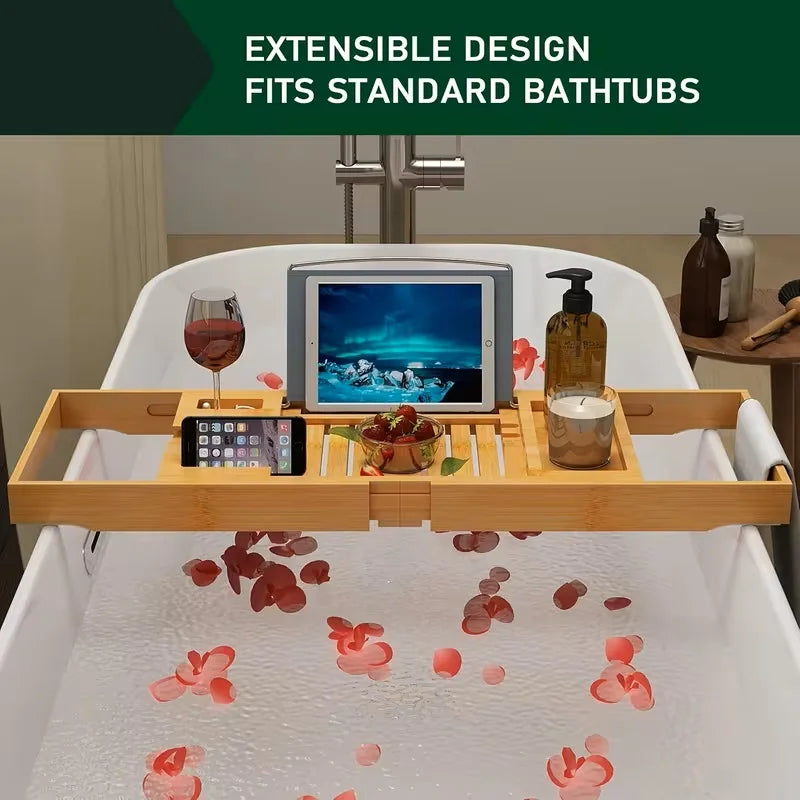 Expandable Bamboo Bathtub Tray With Wine Holder And Book Stand