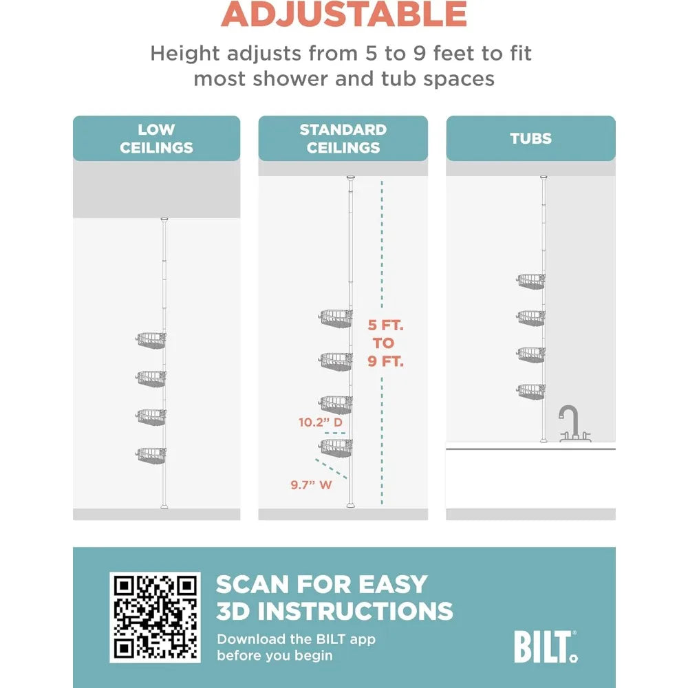 Tension Pole Shower Caddy With 4 Shelves Rustproof Aluminum