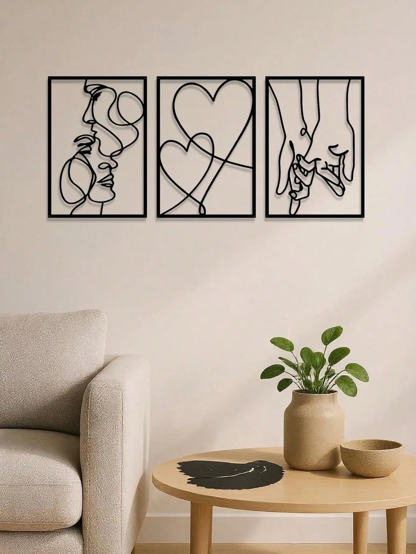 3-Piece Romanticized-Ornate-Design Metal Wall Art Ensemble Depicting Silhouettes