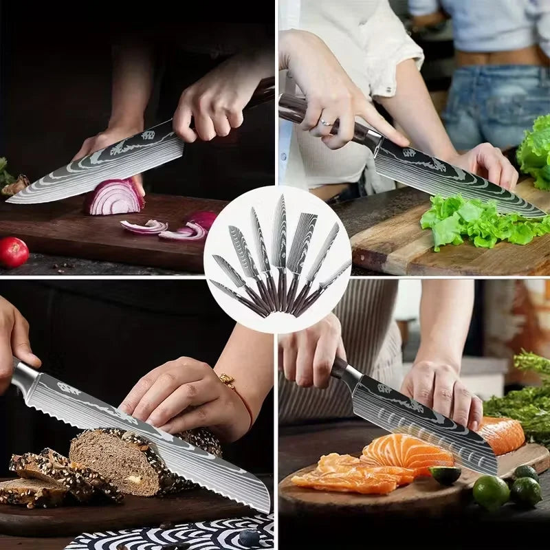 Damascus Pattern Chef Knives Set Stainless Steel Handles
