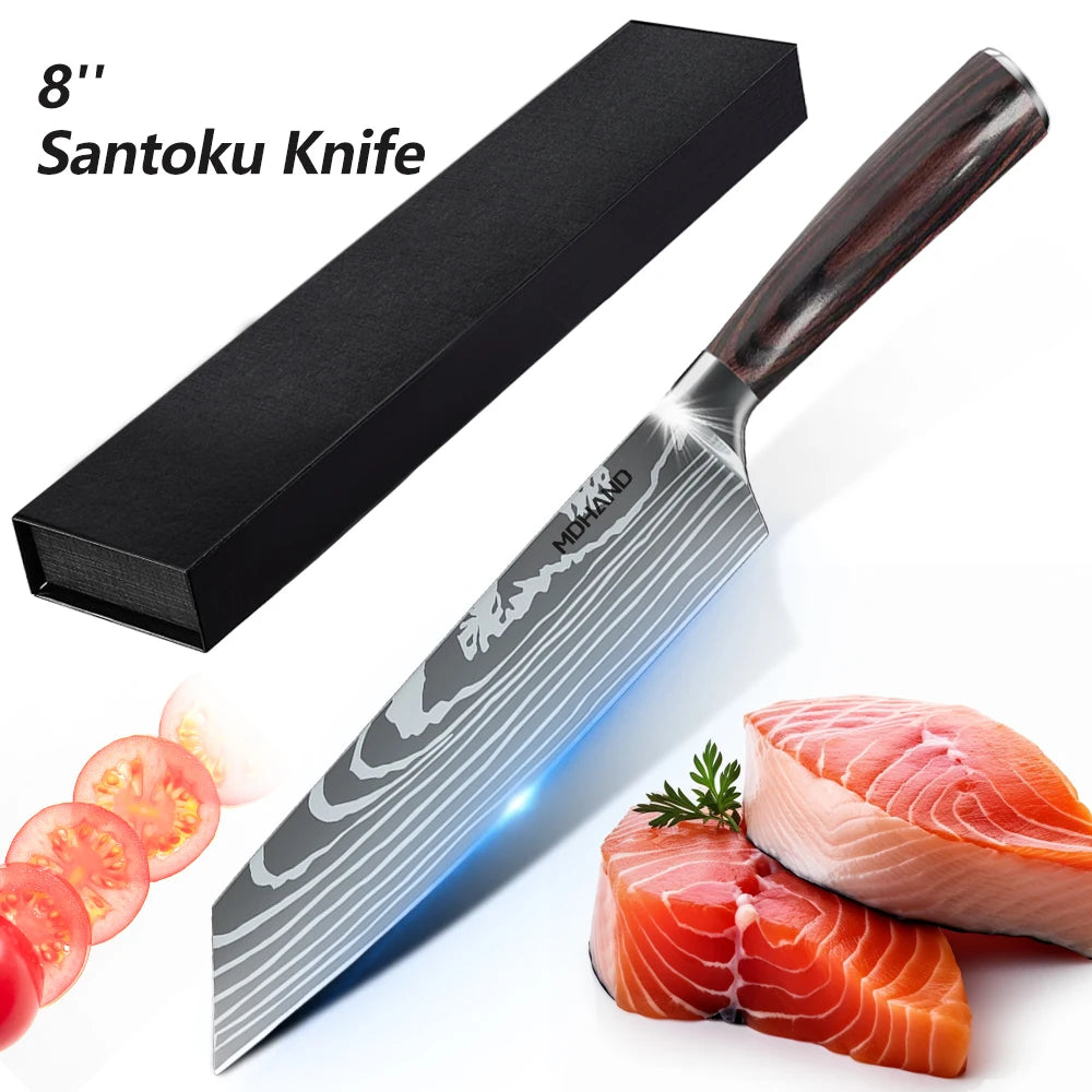 Damascus Pattern Chef Knives Set Stainless Steel Handles