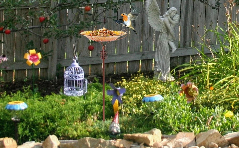Feature Glass Bird Bath And Feeder On Metal Stake For Garden Decor
