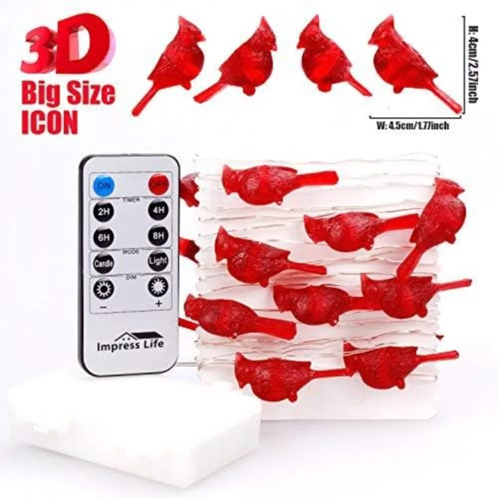 Electronic Cardinal String Lights 3D Bird Battery Operated