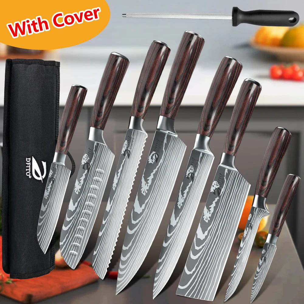 Kitchen Knife Set 7Cr17Mov Stainless Steel Chef Santoku Cleaver