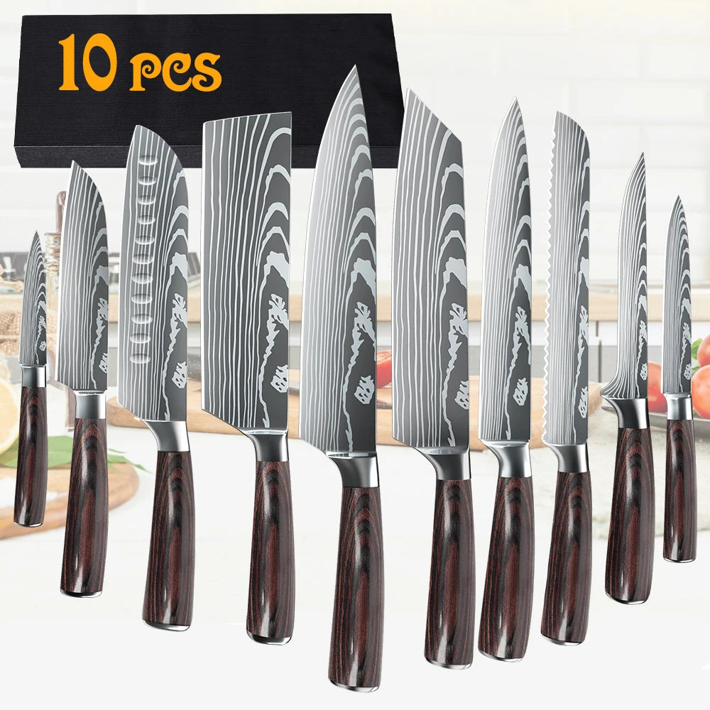 Damascus Pattern Chef Knives Set Stainless Steel Handles