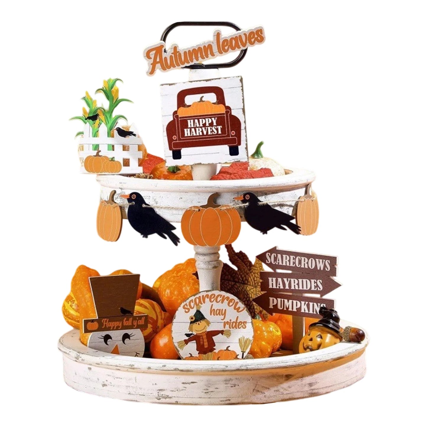 Hign-concerned Fall Harvest Tiered Tray Decor Pumpkin Crow