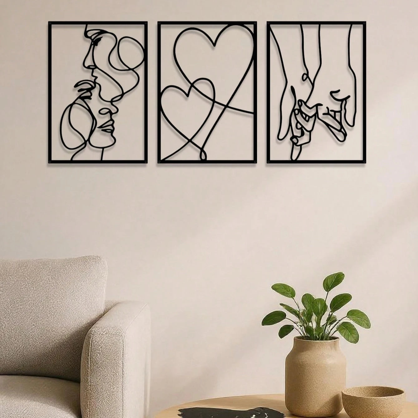 3-Piece Romanticized-Ornate-Design Metal Wall Art Ensemble Depicting Silhouettes