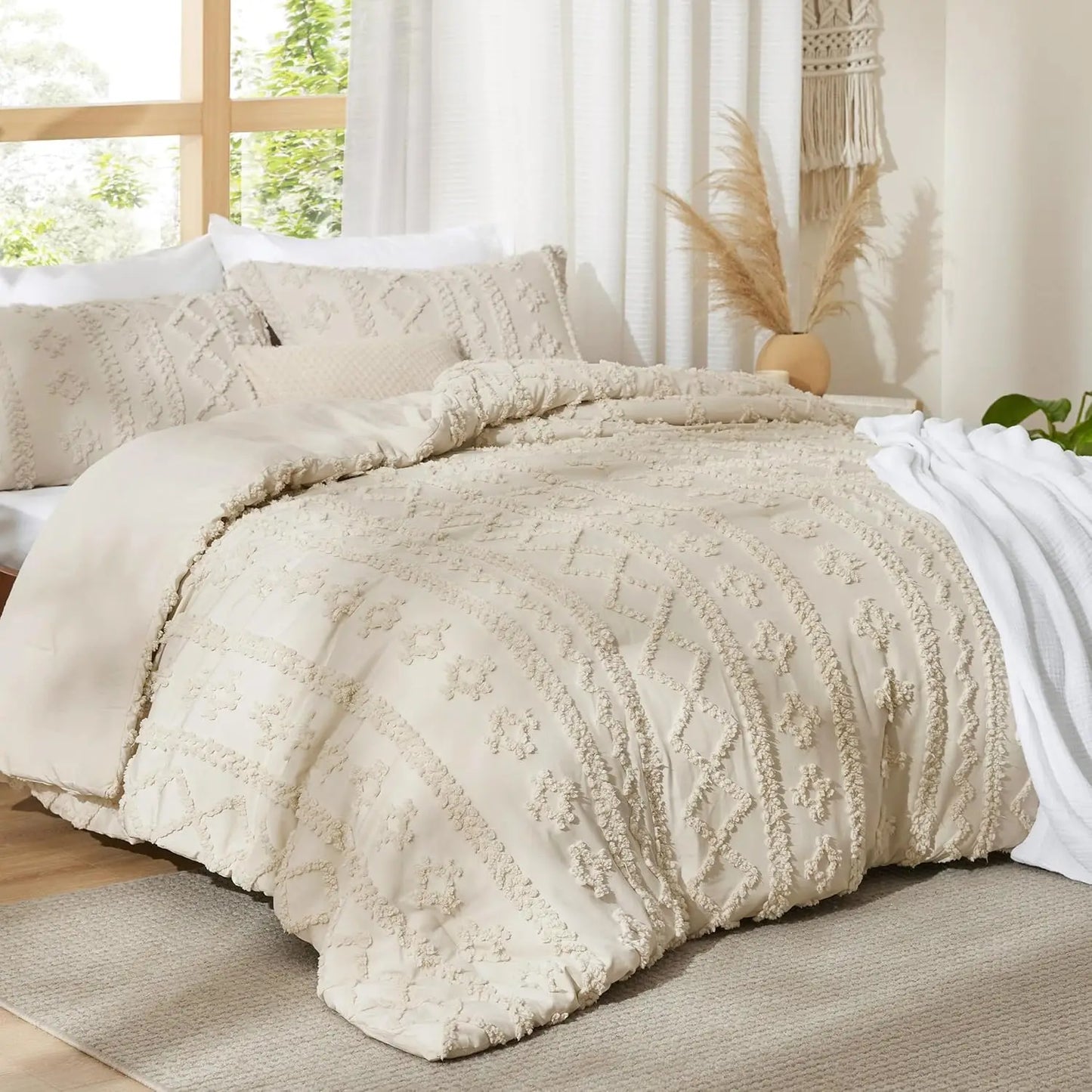 Fabirc Boho Comforter Set 3 Piece Cotton Bedding Embroidery FarmhouseShabbyChicDecor