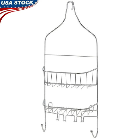 Contoured Metal Shower Caddy Two Shelves Chrome Finish Bathroom Organizer with Six Hooks Accessories Rust Resistant Durable