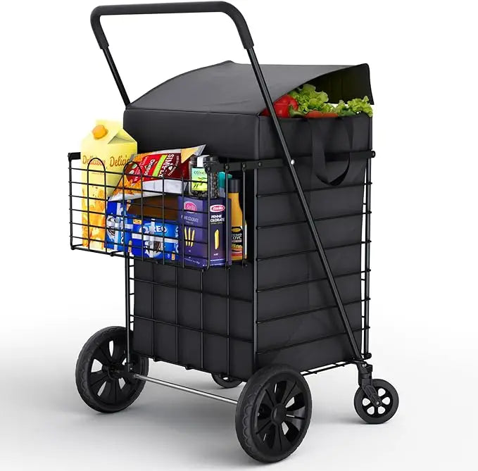 Foldable Lightweight Shopping Cart With Waterproof Basket Liner And Wheels