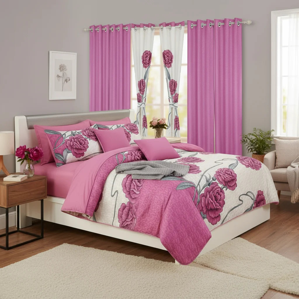 Bedspread Set With Curtains 9 Piece Machine Washable