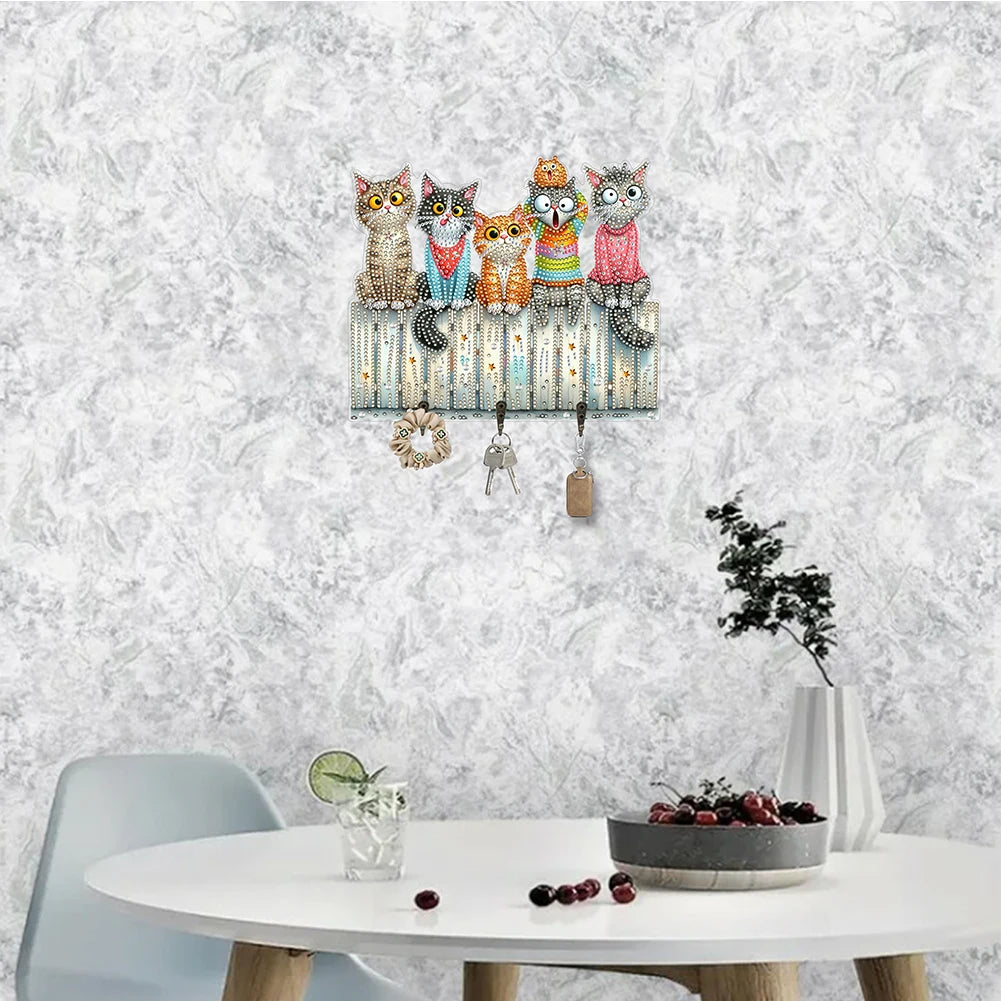 Form Wooden Kitten Diamond Art Hanging Hooks 3 Hook Rail