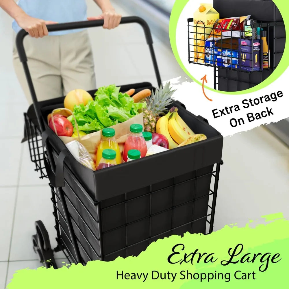 Foldable Lightweight Shopping Cart With Waterproof Basket Liner And Wheels