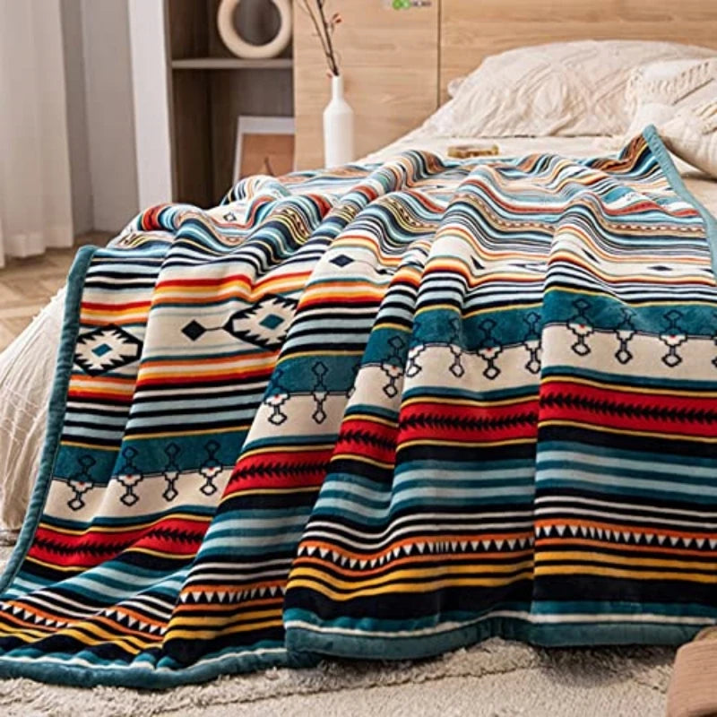 COTTEBED Lightweight Boho Sherpa Throw With Striped Pattern
