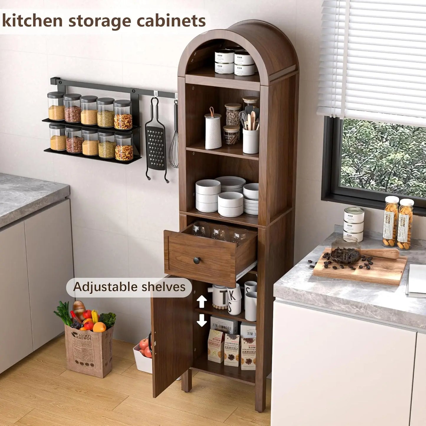 Adjustable Shelves Arched Freestanding Cabinet With Fluted Doors