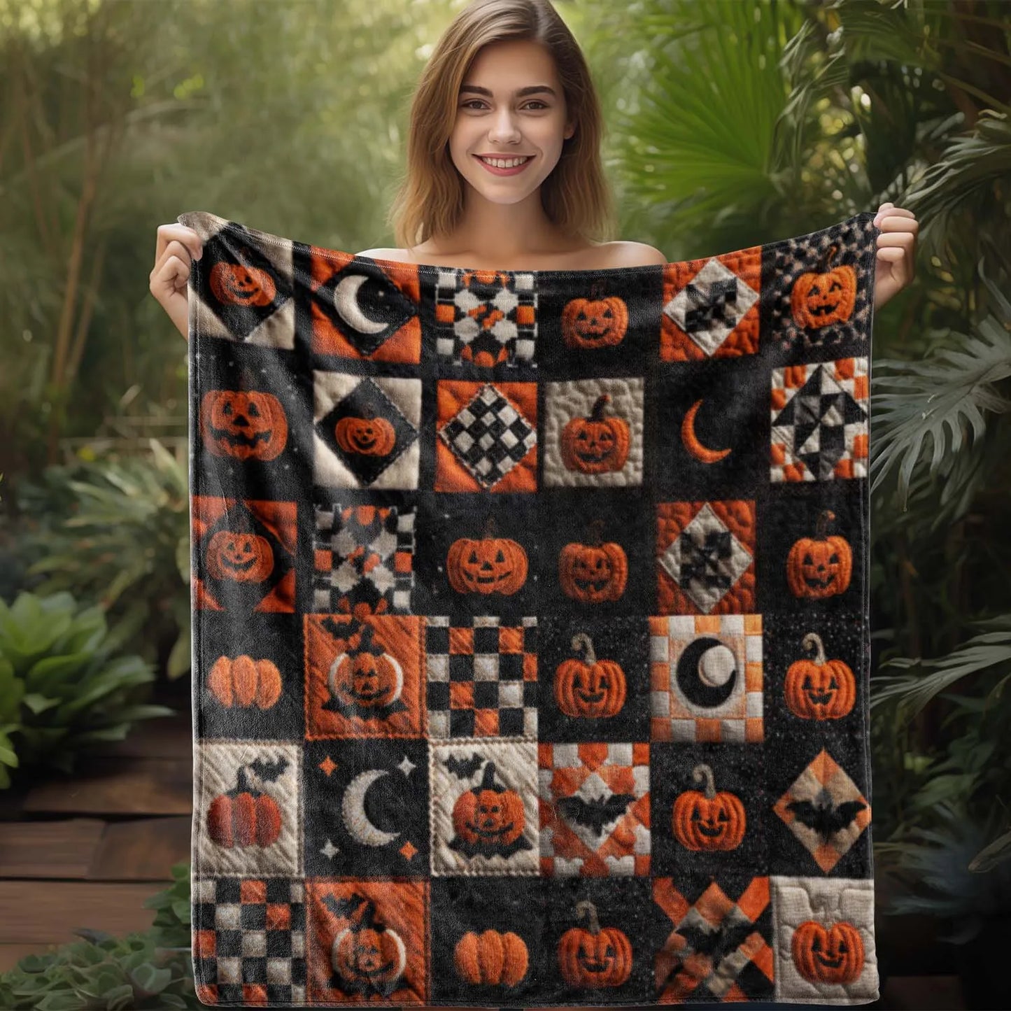 Craft of Weaving Halloween Plaid Pumpkin Moon Print Blanket