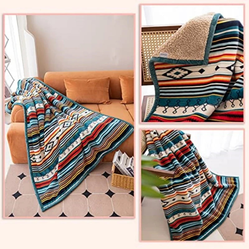 COTTEBED Lightweight Boho Sherpa Throw With Striped Pattern