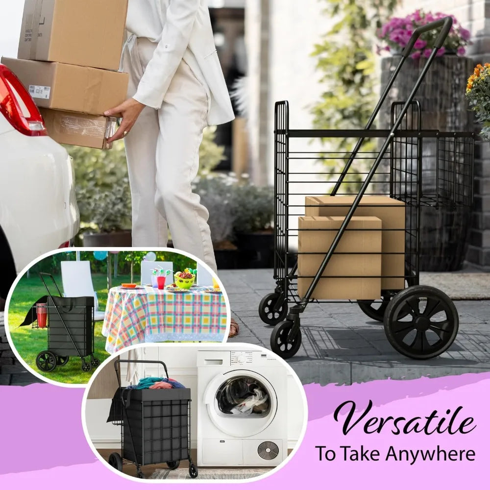 Foldable Lightweight Shopping Cart With Waterproof Basket Liner And Wheels