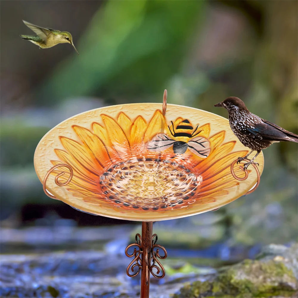 Feature Glass Bird Bath And Feeder On Metal Stake For Garden Decor