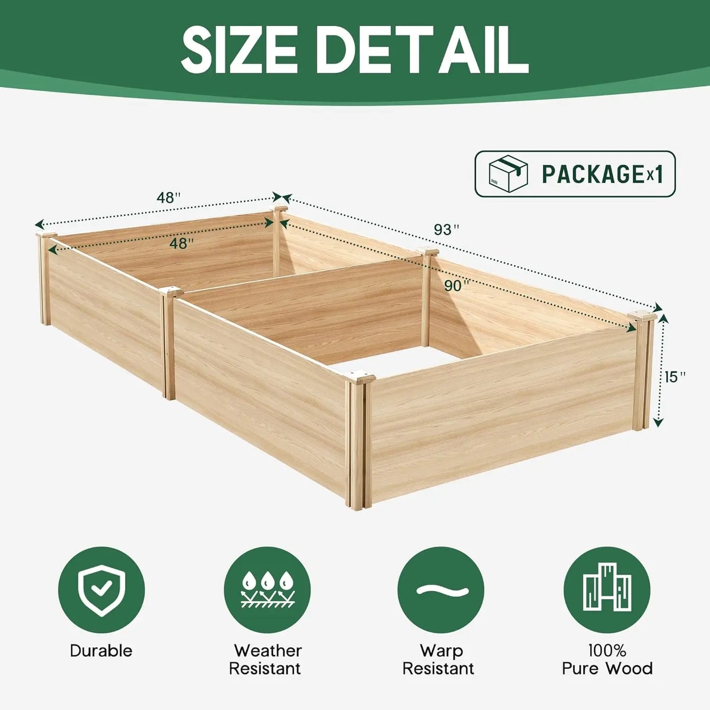 8x4 Ft Wood Raised Garden Bed, Durable 15 Inch Depth Planter Box for Vegetables, Herbs, and Flowers