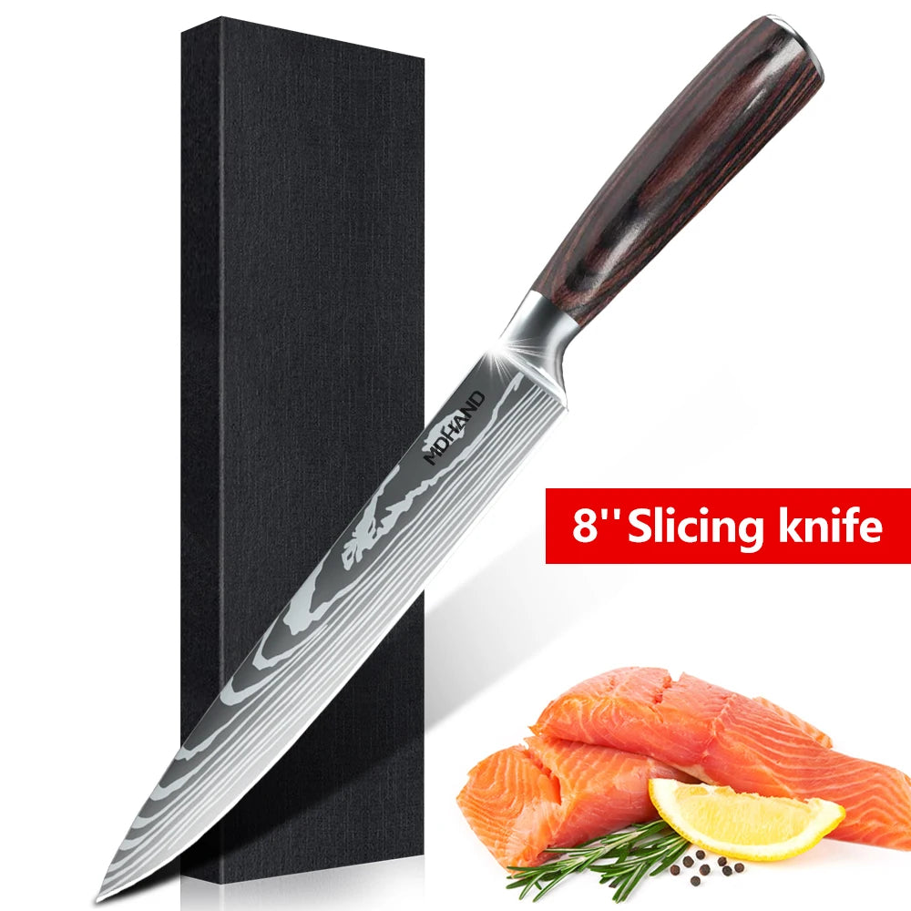 Damascus Pattern Chef Knives Set Stainless Steel Handles