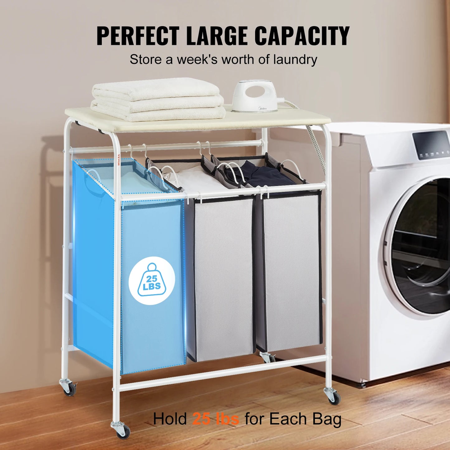 EZHomeEssentials 3Section Laundry Sorter Ironing Board Cart