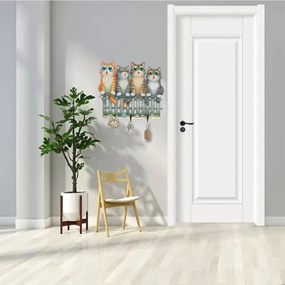 Form Wooden Kitten Diamond Art Hanging Hooks 3 Hook Rail